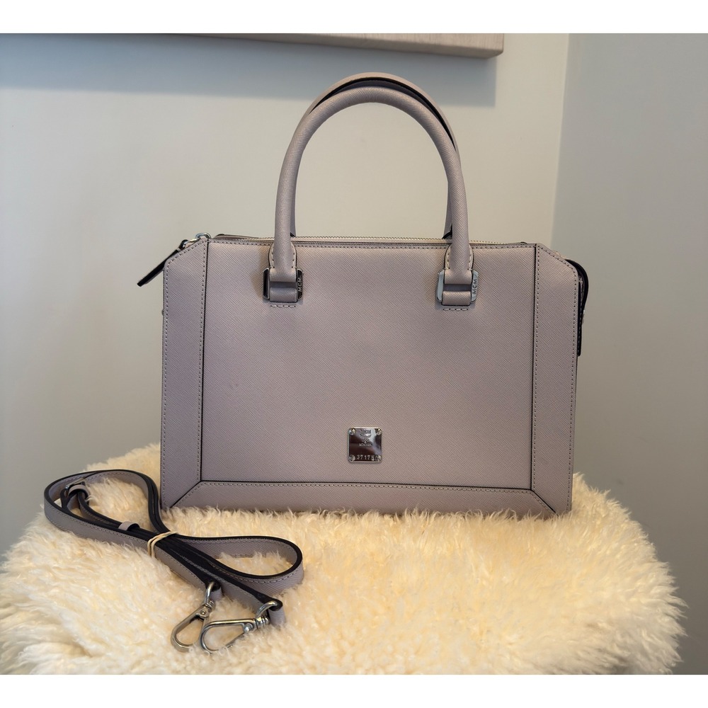Auth MCM Saffiano Nuovo Medium Satchel Handbag Crossbody Bag Gull Grey